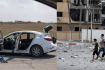 links: Nach dem Großangriff der Hamas stehen ein Kinderwagen und ein Auto verlassen auf einer Straße in der Nähe des israelischen Kibbuz Kfar Aza (Aufnahme vom 10. Oktober 2023). rechts: Auswirkungen eines Luftangriffs der israelischen Streitkräfte auf das Stadtviertel Rimal in Gaza-Stadt am 10. Oktober 2023.