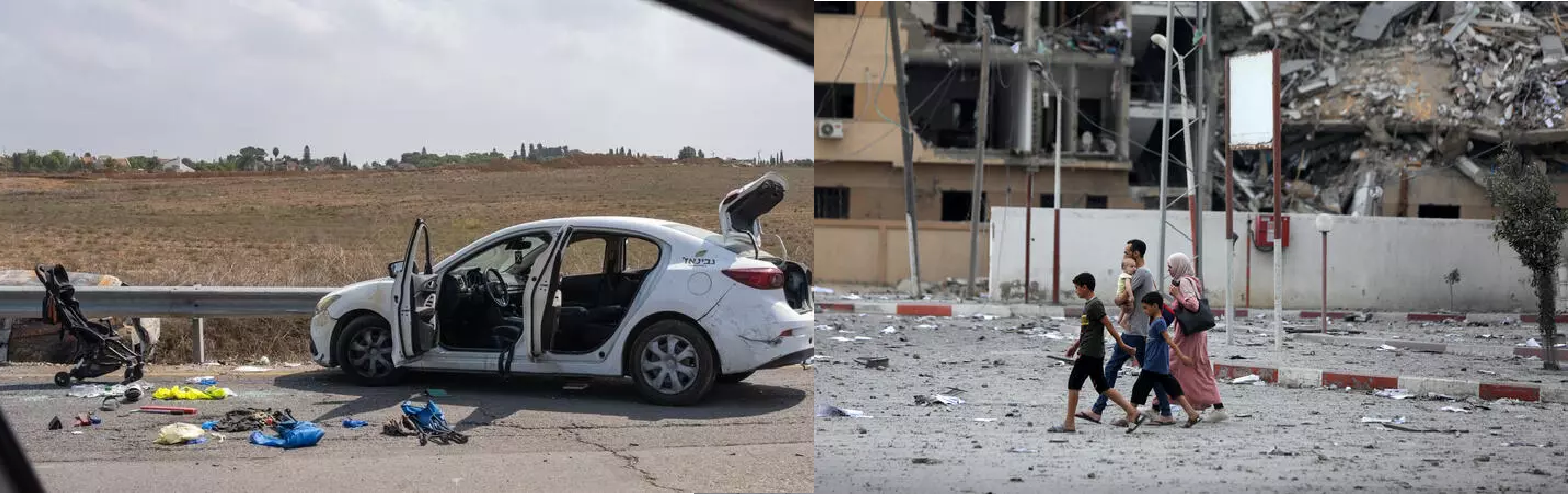 links: Nach dem Großangriff der Hamas stehen ein Kinderwagen und ein Auto verlassen auf einer Straße in der Nähe des israelischen Kibbuz Kfar Aza (Aufnahme vom 10. Oktober 2023). rechts: Auswirkungen eines Luftangriffs der israelischen Streitkräfte auf das Stadtviertel Rimal in Gaza-Stadt am 10. Oktober 2023.